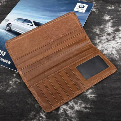 Premium retro-style cowhide leather wallet with hidden compartment, bill holder, change slot, and multiple card slots