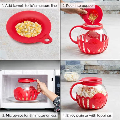 Microwave glass popcorn popper with red silicone lid, ready to make fresh, healthy popcorn