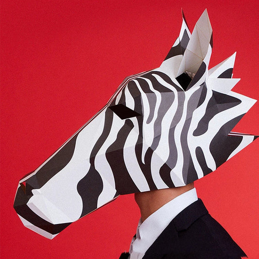 Handcrafted origami horse headgear in black and white, perfect for Halloween and Christmas costumes