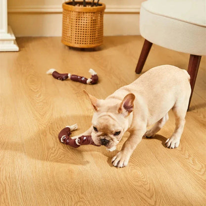 Durable cotton rope and vinyl sausage chew toy for dogs, designed to provide long-lasting entertainment and promote dental health.