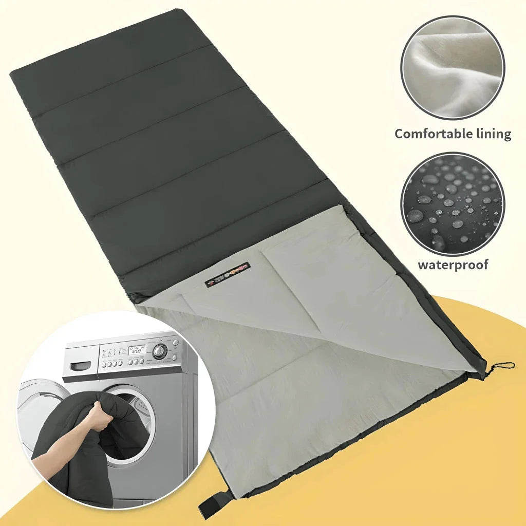 Cozy and lightweight ultralight double sleeping bag for outdoor adventures, featuring a versatile design, waterproof and machine-washable construction, and a comfortable temperature range.