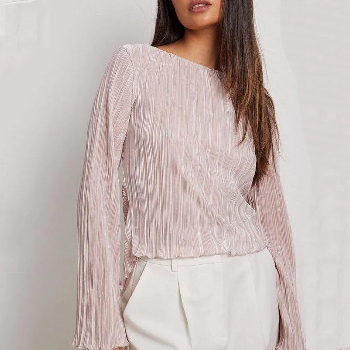 Chic pink lace-up summer bodycon blouse with delicate butterfly sleeves and pleated design