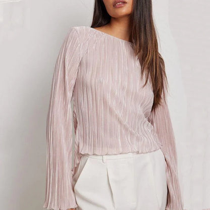 Chic pink lace-up summer bodycon blouse with delicate butterfly sleeves and pleated design