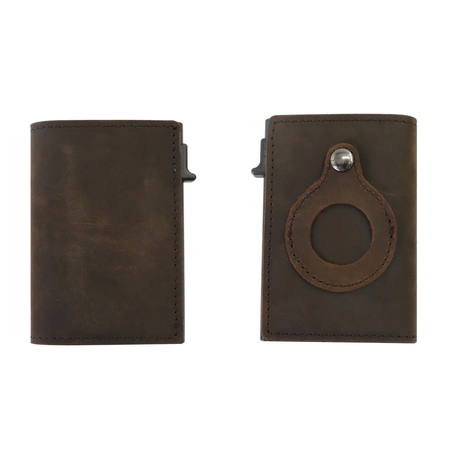 Automatic leather card wallet with anti-loss tracking feature, made with premium cowhide leather and aluminum alloy for secure and convenient card storage.