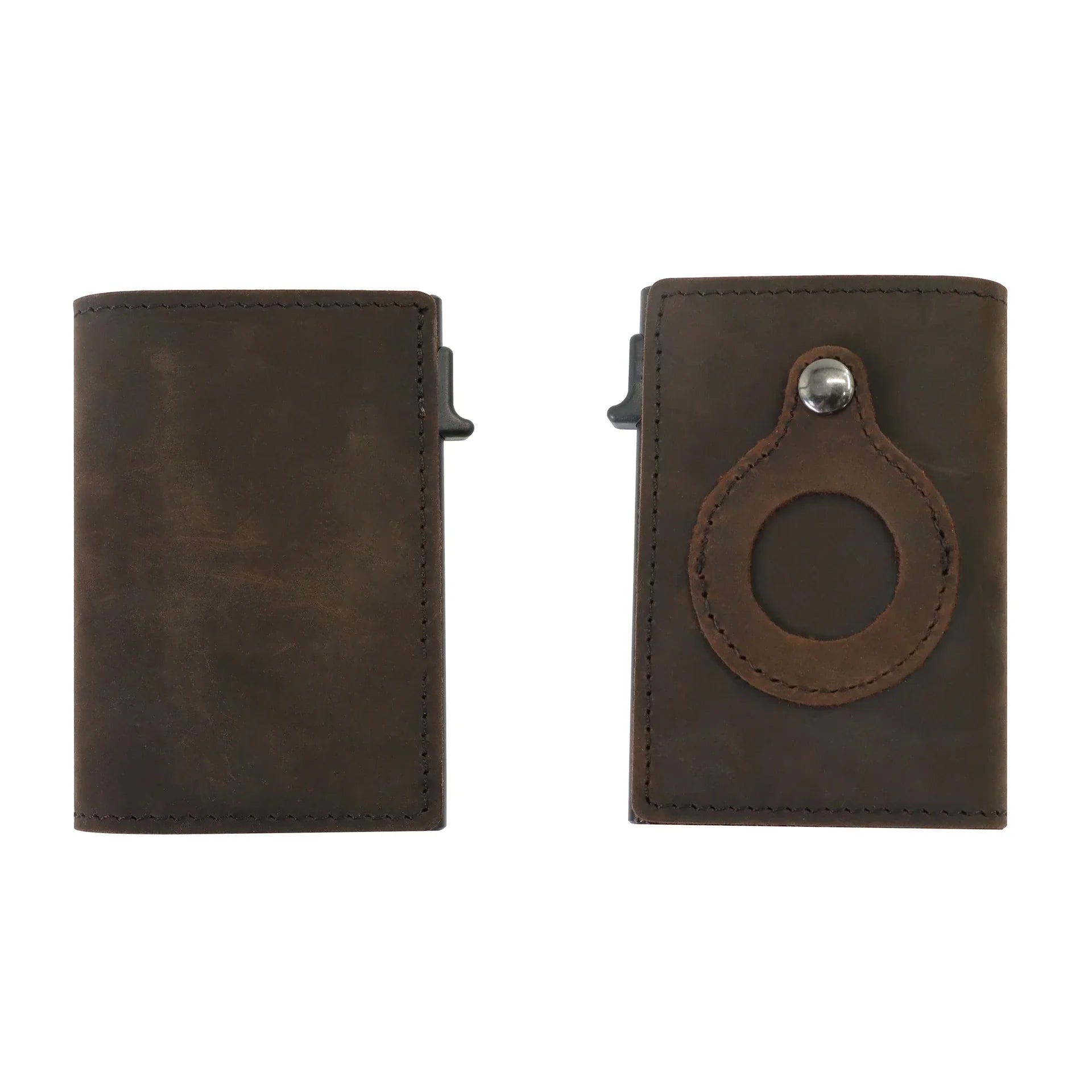 Automatic leather card wallet with anti-loss tracking feature, made with premium cowhide leather and aluminum alloy for secure and convenient card storage.