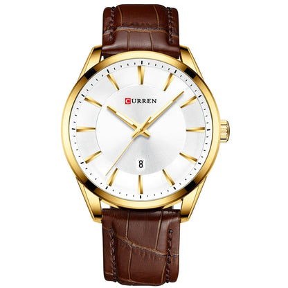 Stylish waterproof men's round belt watch in various color options, including black and white, coffee and white, blue and white, coffee and gold, and gold and black.