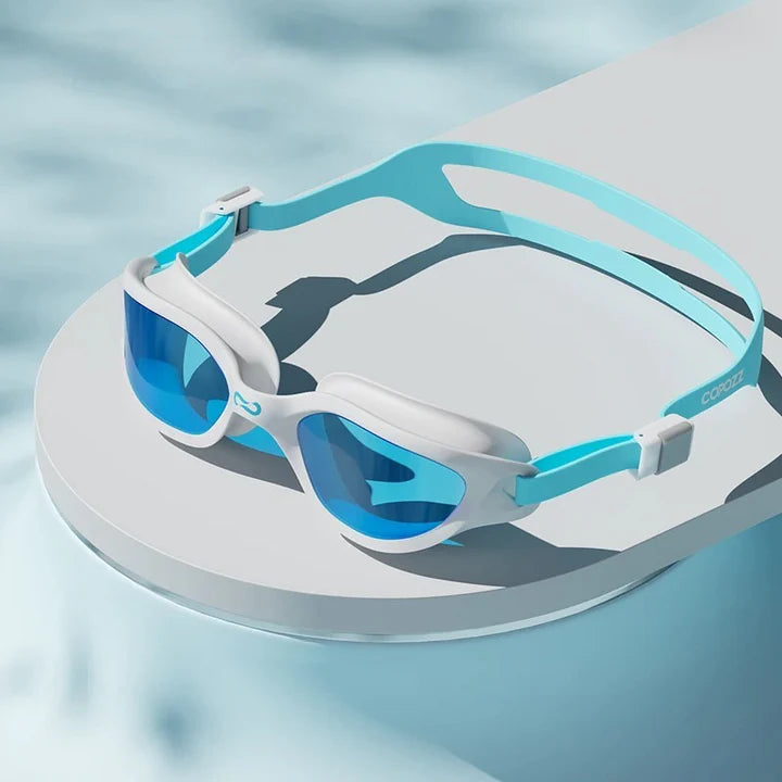 Premium anti-fog mirrored swimming goggles with adjustable silicone strap and UV protection