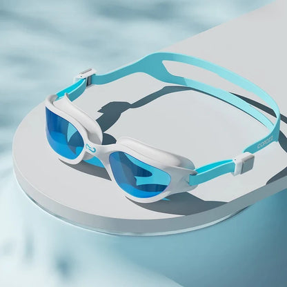 Premium anti-fog mirrored swimming goggles with adjustable silicone strap and UV protection