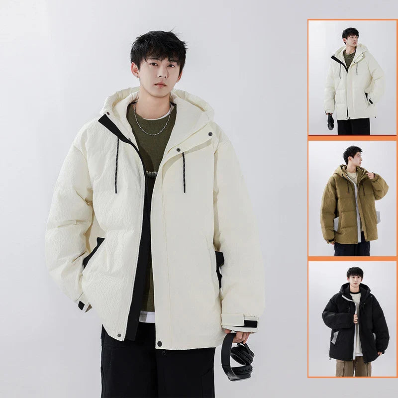 Premium youth insulated windbreaker jacket in black, beige, and brown colors with 90% white duck down insulation for warmth and wind protection