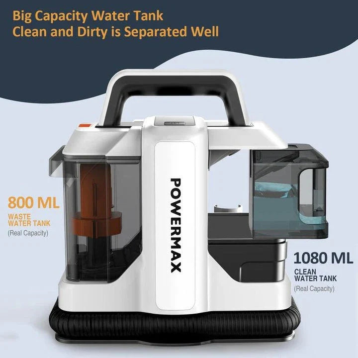 A powerful handheld carpet cleaner with robust suction and large water tanks for efficient cleaning of homes and cars.