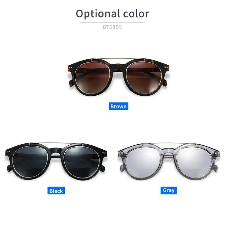 Classic polarized round sunglasses in various colors with features like UV400 protection, anti-impact lenses, and a comfortable, lightweight design.