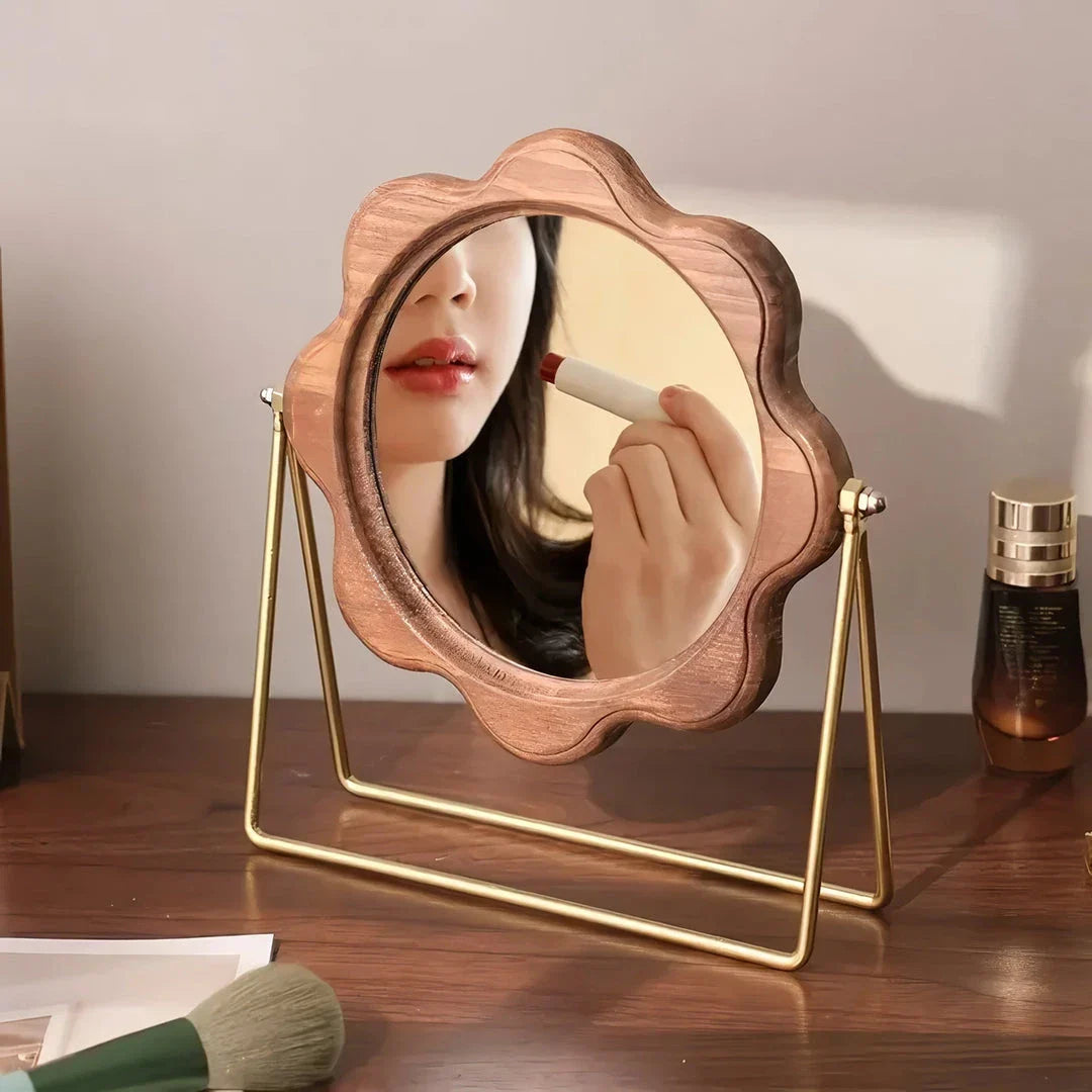Elegant bronze rotatable desktop makeup mirror with a neoclassical design, perfect for a vanity or desk