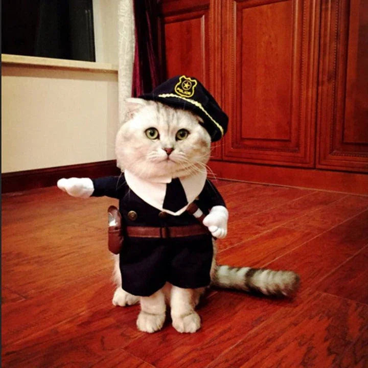 A soft, cotton pet costume designed as a policeman uniform, with a badge and cap, perfect for dressing up your dog or cat for Halloween or other celebrations.