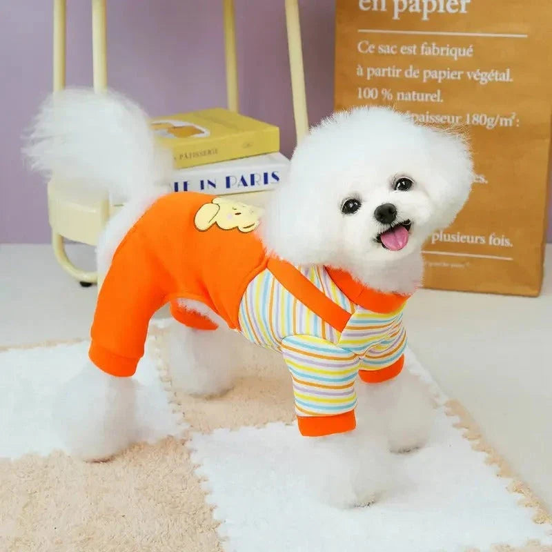 Cozy and stylish striped dog jumpsuit pajamas made of soft, breathable polyester for maximum comfort and warmth