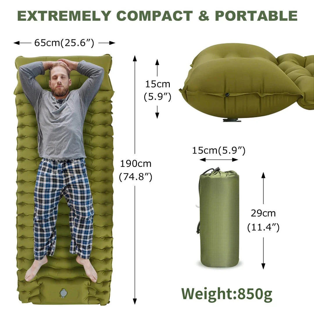 Inflatable camping mattress with built-in pillow and pump for comfortable outdoor sleeping