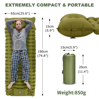Inflatable camping mattress with built-in pillow and pump for comfortable outdoor sleeping