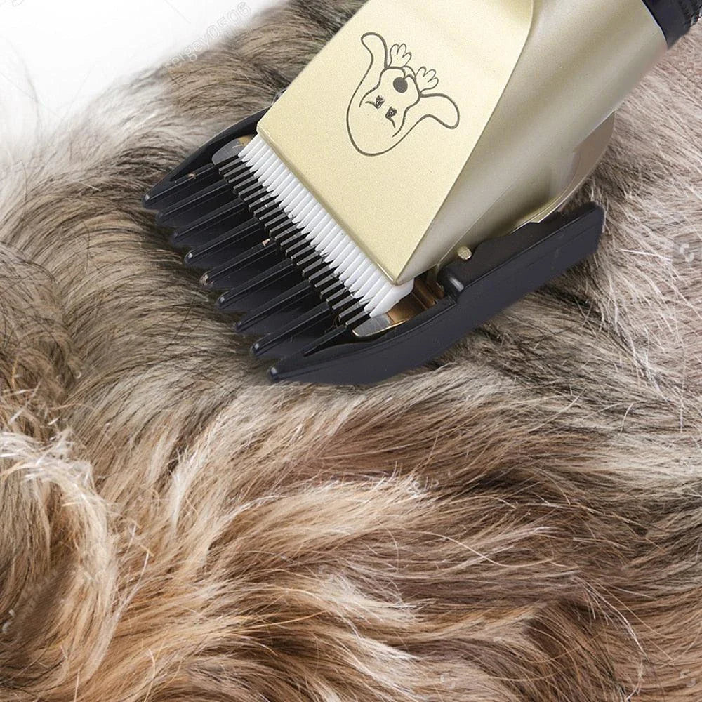 Professional pet grooming tool with adjustable blade lengths, low-vibration motor, and attachable guides for salon-quality haircuts at home