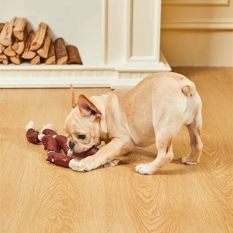 Durable cotton rope and vinyl sausage chew toy for dogs, designed to provide long-lasting entertainment and promote dental health.