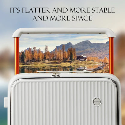 Luxury wide-handle polycarbonate suitcase with front laptop pocket, durable construction, and smooth mobility features