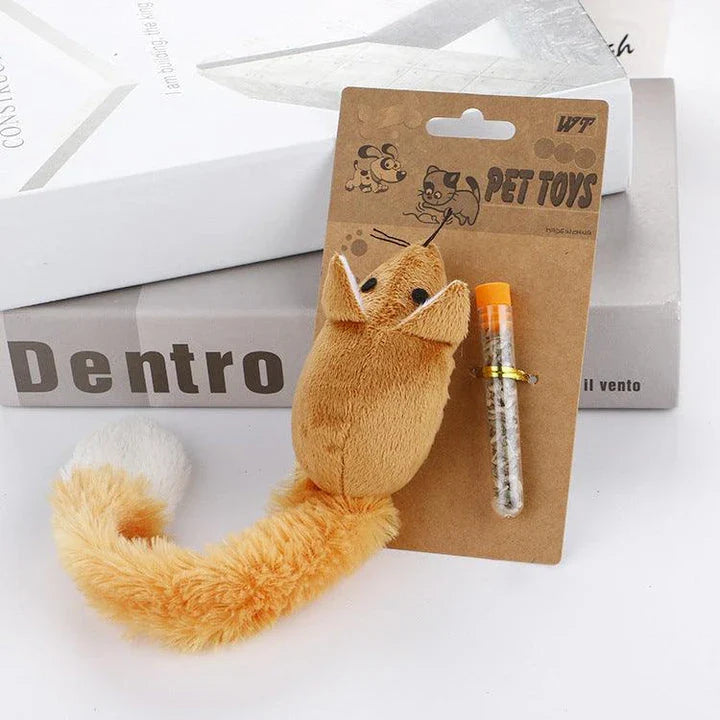 An orange long-tailed mouse-shaped teaser toy for cats, designed to captivate their attention and trigger natural hunting behaviors.