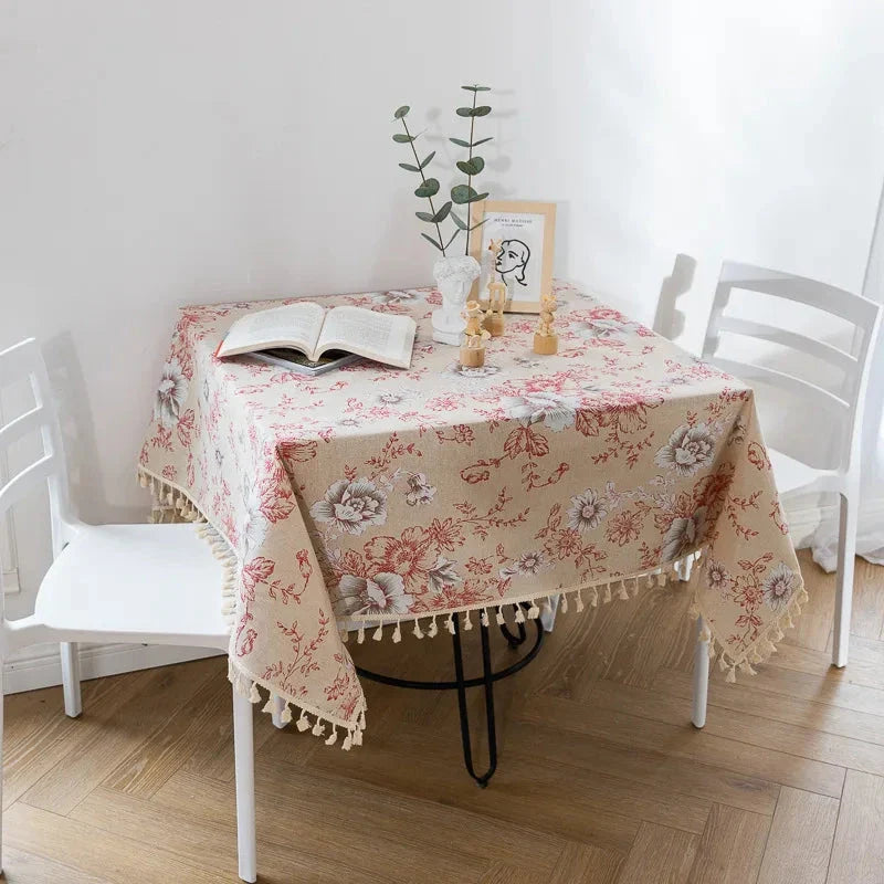 Peony Print Cotton Linen Tablecloth with Tassels for Elegant Home Decor