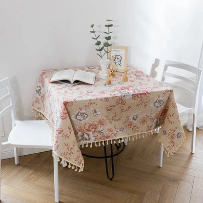 Peony Print Cotton Linen Tablecloth with Tassels for Elegant Home Decor