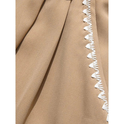 Elegant French-inspired high-waist embroidered A-line skirt in khaki color