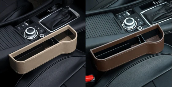 Multifunctional Car Seat Organizer with dedicated slots for phones, chargers, drinks, and cards, featuring a stylish polyurethane leather design.