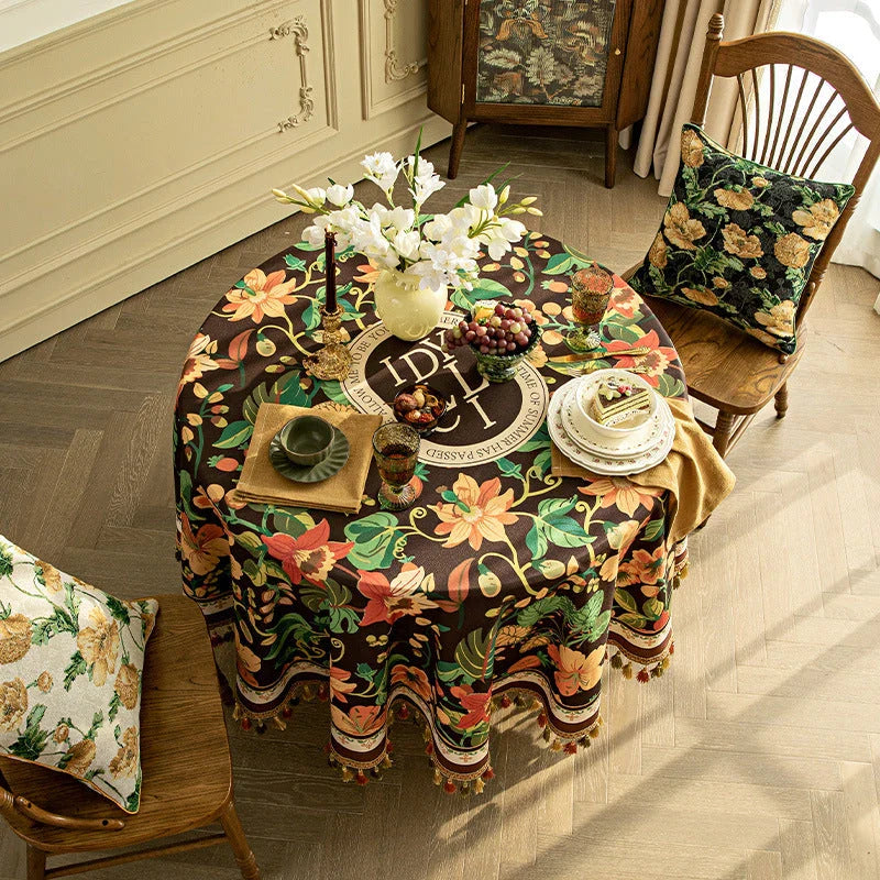 Elegant dark brown luxury tassel tablecloth with intricate printed patterns and delicate tassels, perfect for refined dining experiences