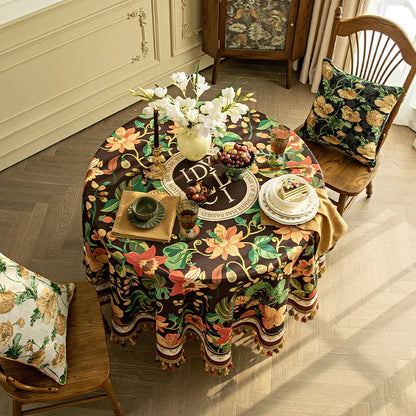 Elegant dark brown luxury tassel tablecloth with intricate printed patterns and delicate tassels, perfect for refined dining experiences