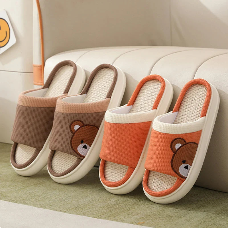 Cozy cartoon bear design linen slippers with non-slip, breathable sole for comfortable indoor wear
