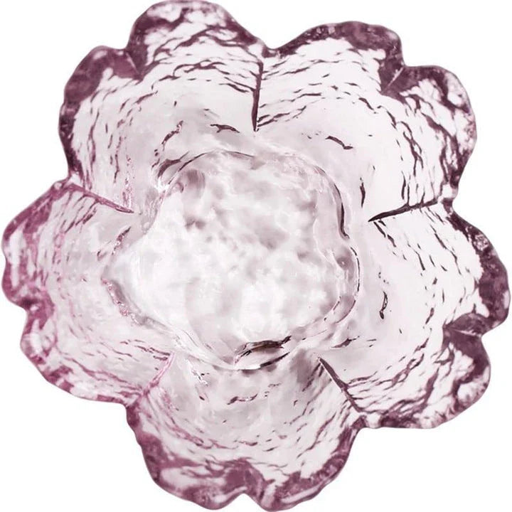Handcrafted flower-shaped glass salad bowl in vibrant pink color, perfect for serving fresh greens, fruits, and more.