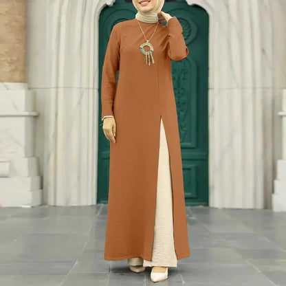 Elegant polyester dress with long sleeves, high slit hem, and available in caramel, black, blue, green, and pink colors