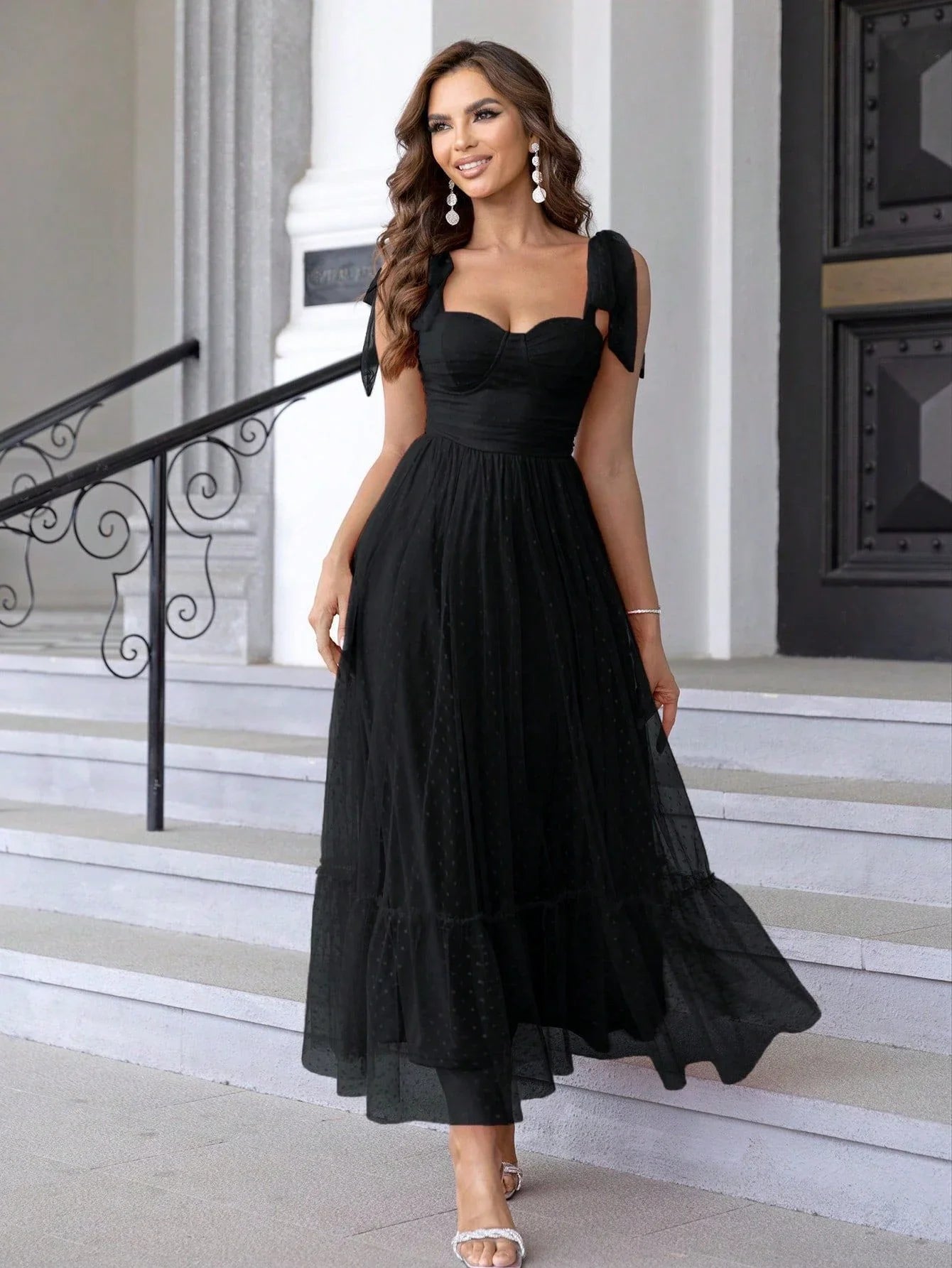 Fairy-inspired dress with mid-length silhouette, lace-up details, and luxurious polyester fabric