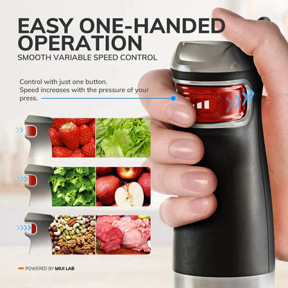 MIUI 6-in-1 Multi-Purpose Electric Hand Held Blender with 1200W pure copper motor, one-handed operation, and versatile 6-in-1 design