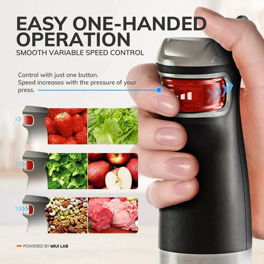 MIUI 6-in-1 Multi-Purpose Electric Hand Held Blender with 1200W pure copper motor, one-handed operation, and versatile 6-in-1 design
