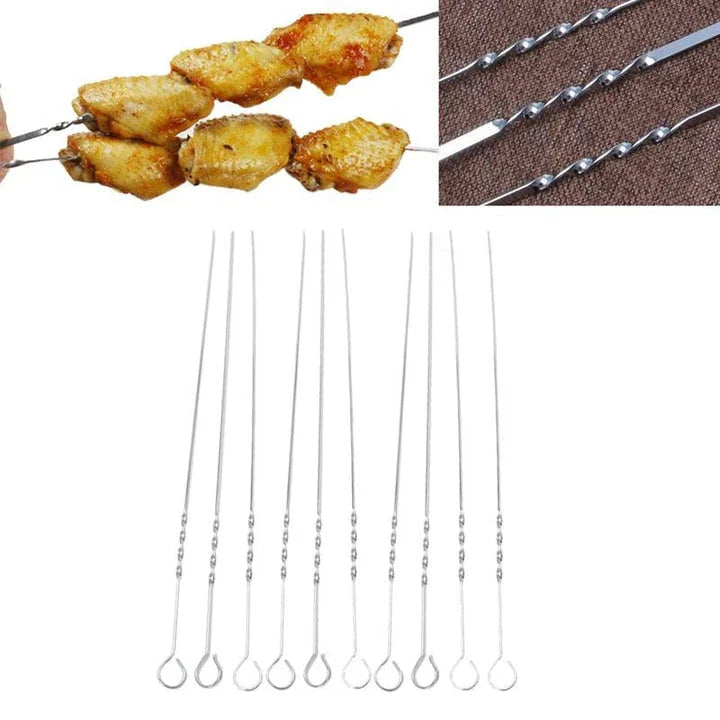 Set of 10 durable flat stainless steel barbecue skewers for secure and hassle-free grilling