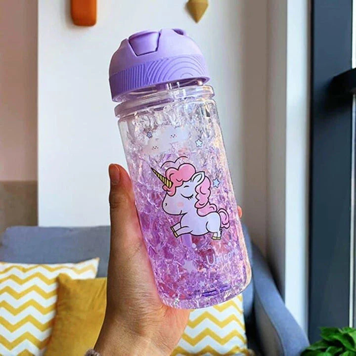A reusable water bottle with a vibrant unicorn print design and dual straw feature, perfect for on-the-go hydration and adding a touch of whimsy to your day.
