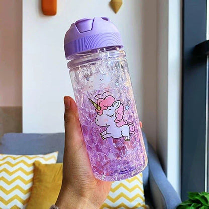 A reusable water bottle with a vibrant unicorn print design and dual straw feature, perfect for on-the-go hydration and adding a touch of whimsy to your day.