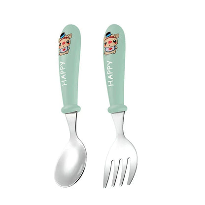 Charming cartoon-designed stainless steel toddler cutlery set with spoon and fork, perfect for mealtimes and self-feeding