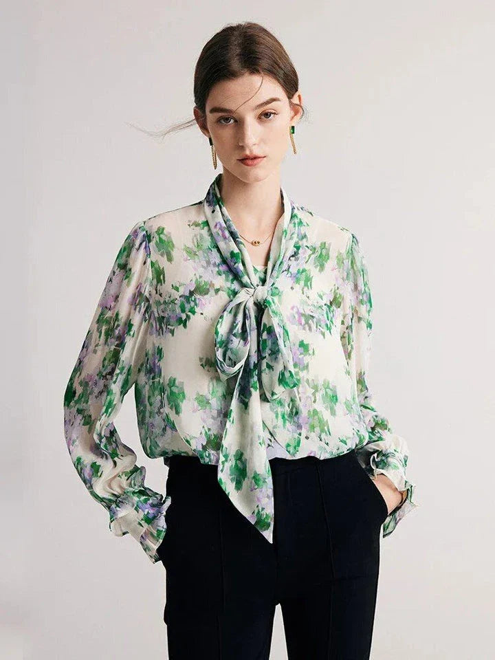 Elegant floral silk-blend bow collar blouse for professional women with a comfortable and flattering fit
