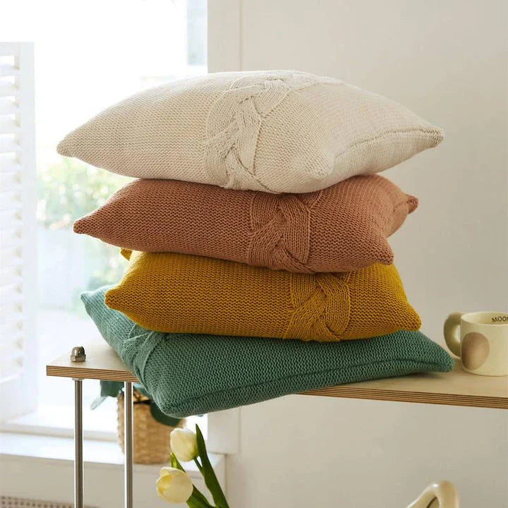 Cozy Nordic-inspired knit pillow cover with large twist design in multiple colors for stylish home decor