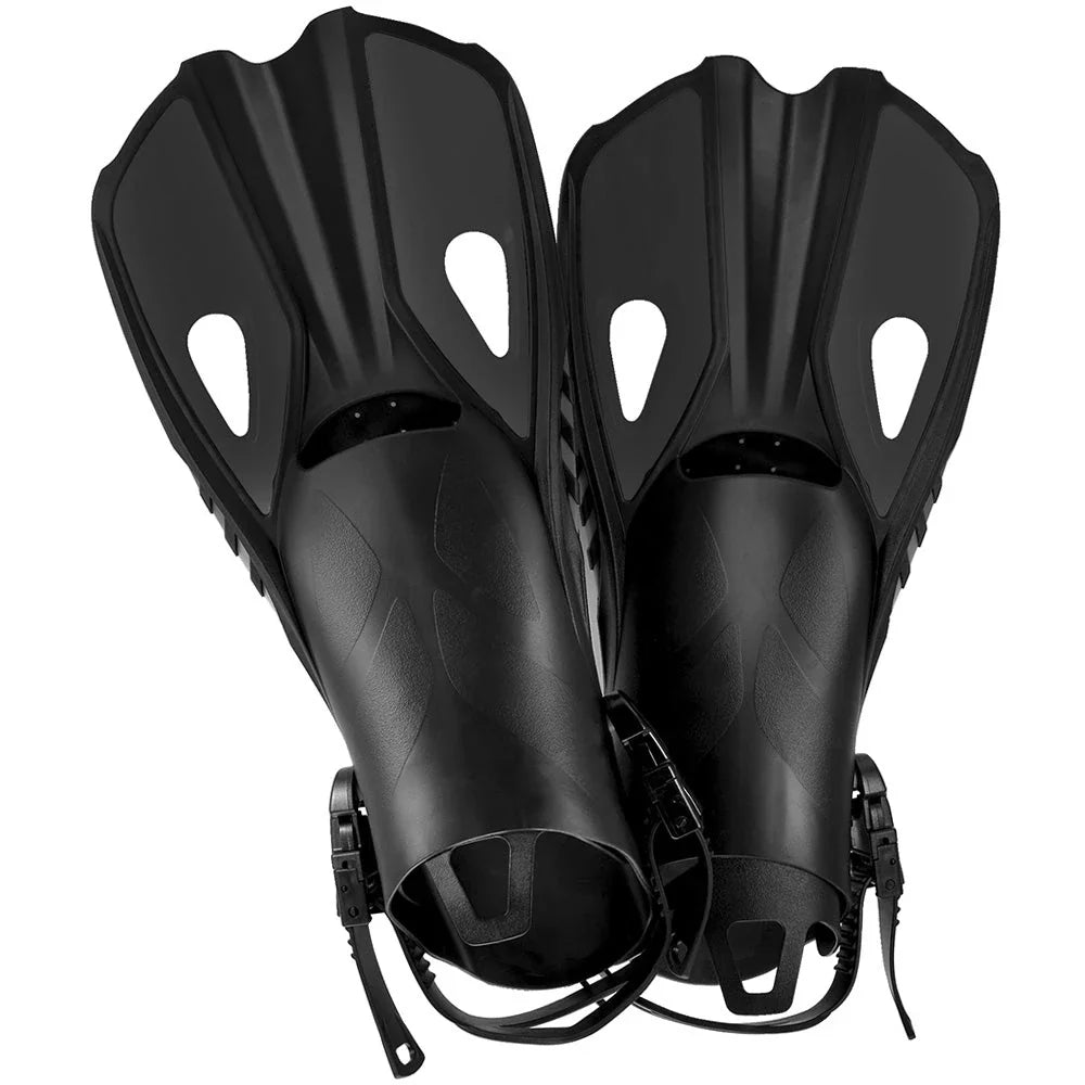 A pair of adjustable travel snorkel fins in various sizes and colors, perfect for underwater adventures and water sports.