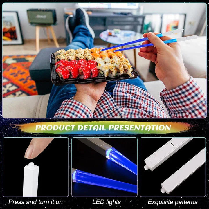LED Lightsaber Chopsticks with bright blue illumination, perfect for adding a touch of Star Wars-inspired fun to any meal.