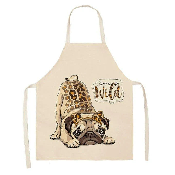 Charming pug-themed apron with a vibrant print, made of durable cotton and linen materials for practical kitchen use.