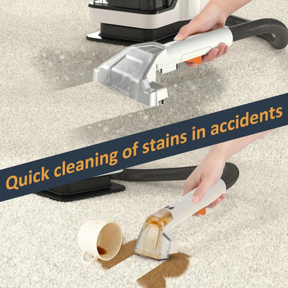 A powerful handheld carpet cleaner with robust suction and large water tanks for efficient cleaning of homes and cars.