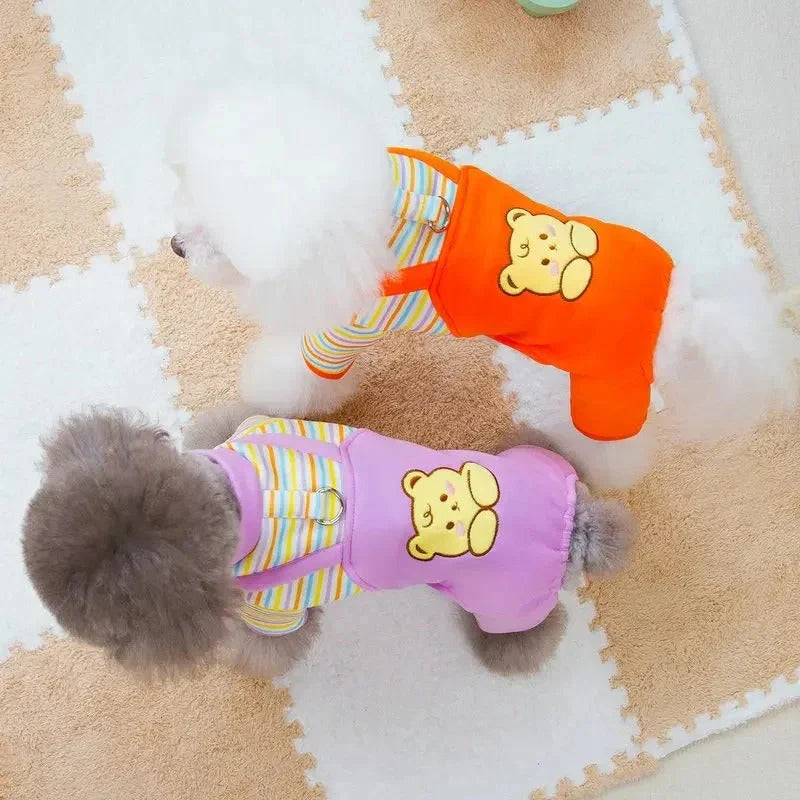 Cozy and stylish striped dog jumpsuit pajamas made of soft, breathable polyester for maximum comfort and warmth