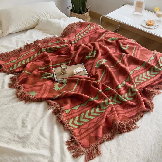 Luxurious Indian Tribal Geometric Pattern Throw Blanket with Fringes for Cozy Home Decor