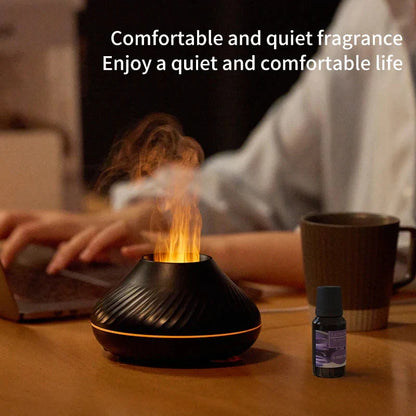 Elegant flame-effect aromatherapy humidifier with customizable gradient lighting, creating a relaxing and inviting atmosphere in any room