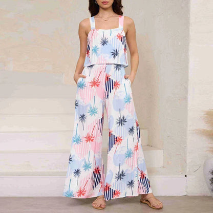 A stylish wide-leg jumpsuit with a paisley print design and a suspender top, perfect for women's casual and streetwear fashion.